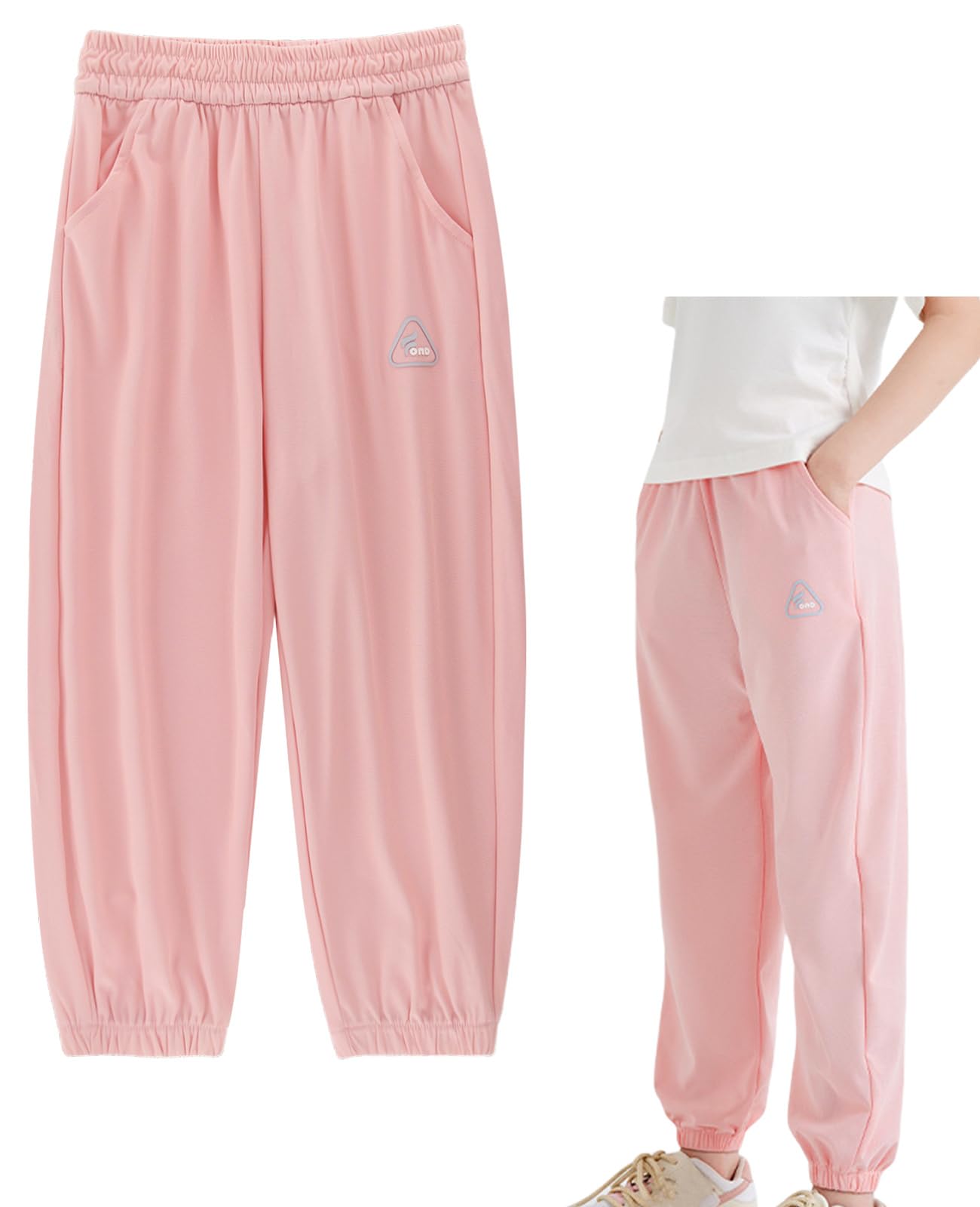 【送料無料】[HahaNice] キッズ 長ズボン ロングパンツ 男の子 女の子 子供服 ナイロンパンツ ひんやり UVカット 防虫 接触冷感 通気 速乾 薄手 鹿の子 夏服 涼しい 吸水 柔軟 クールマックス ジュニア クーラー 冷房ウェア スポーツ 無地110-1 色：ピンク、サイズ：150