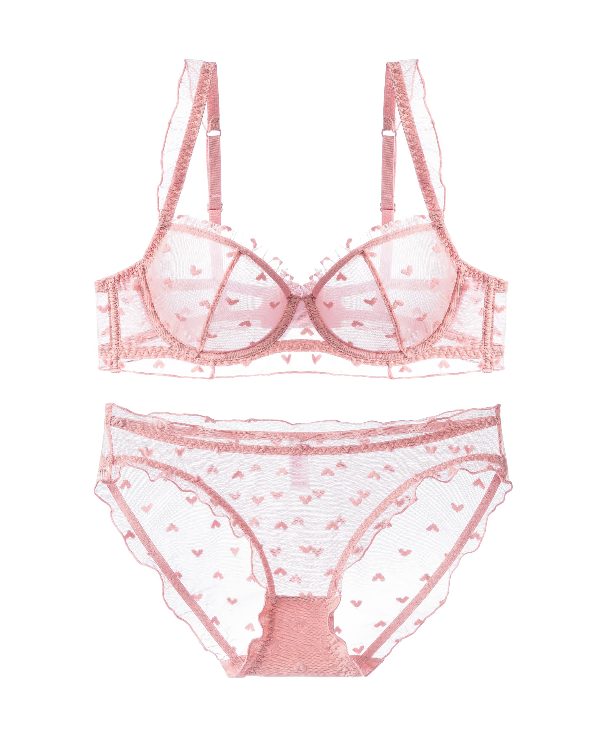 【送料無料】[Guoeappa] レースハート刺繍ソフトワイヤー ランジェリー下着セット 可愛いブラジャーパンティセット 色：ピンク、サイズ：B70