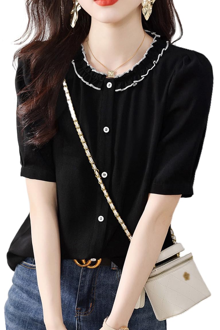 【送料無料】[H．zroy] ブラウス 夏 レディース トップス 半袖 丸首 シャツ フリル襟 ボタン 前開き 上着 おしゃれ フェミニン きれいめ 大人 カジュアル OL 通勤 色：ブラック、サイズ：L