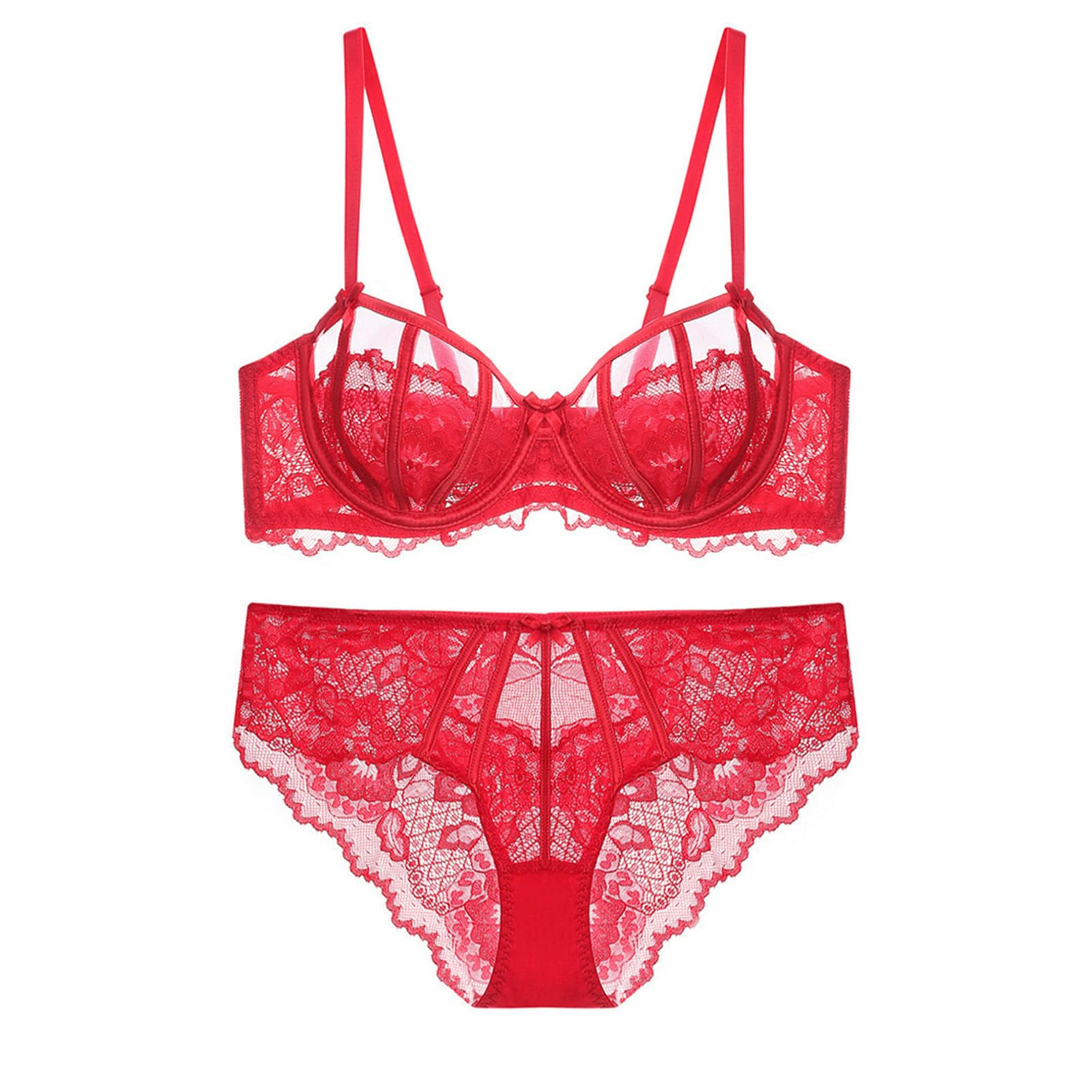 【送料無料】[Guoeappa] レディース レース 半カップ ブラ ショーツ セット セクシーランジェリー 上下 女性 シースルー 下着 セット 色：レッド、サイズ：D75