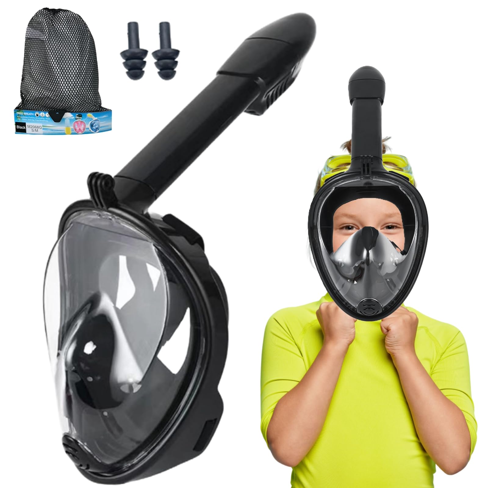 【送料無料】GRHONC シュノーケルマスク 子供用 フルフェイス 180°広角視野 曇り止め 自由に呼吸可能 浸水防止 カメラ取付可能 色：ブラック、サイズ：XS [子供用]