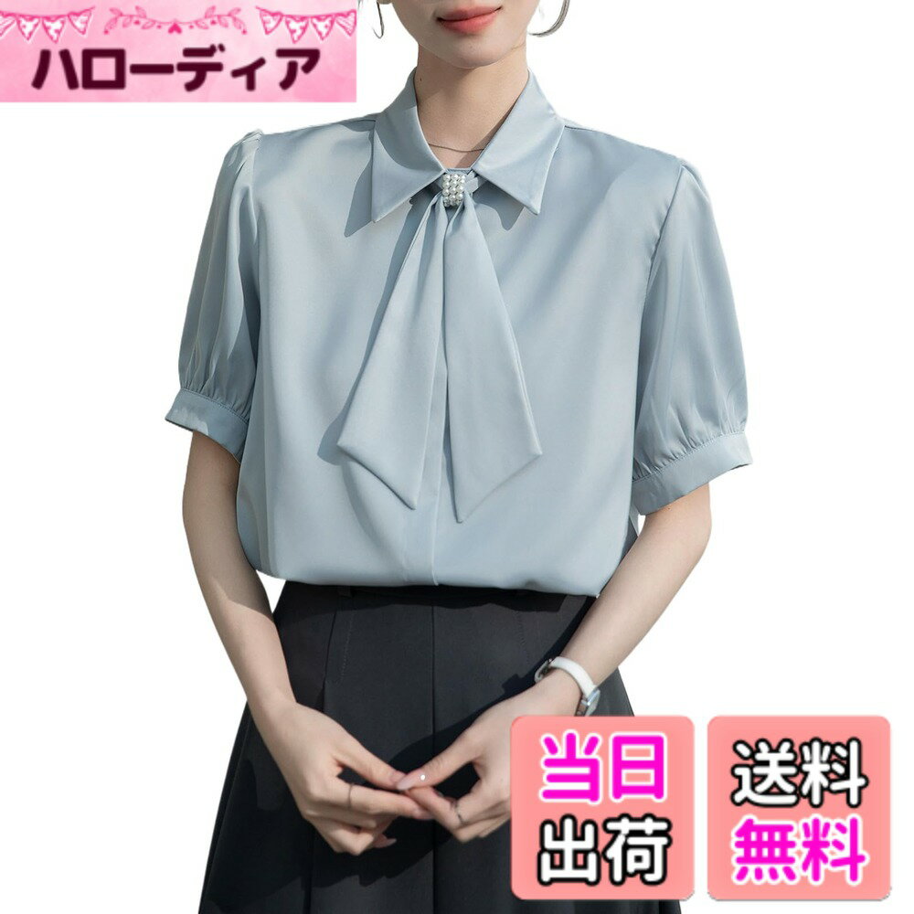 【送料無料】[H．zroy] シャツ ブラウス 夏 レディース トップス 折り襟 リボン 半袖 シフォン 無地 上着 ボタン エレガント オフィス ゆったり 着痩せ おしゃれ 事務服 OL 通勤 フォーマル きれいめ 色：ブルー、サイズ：M