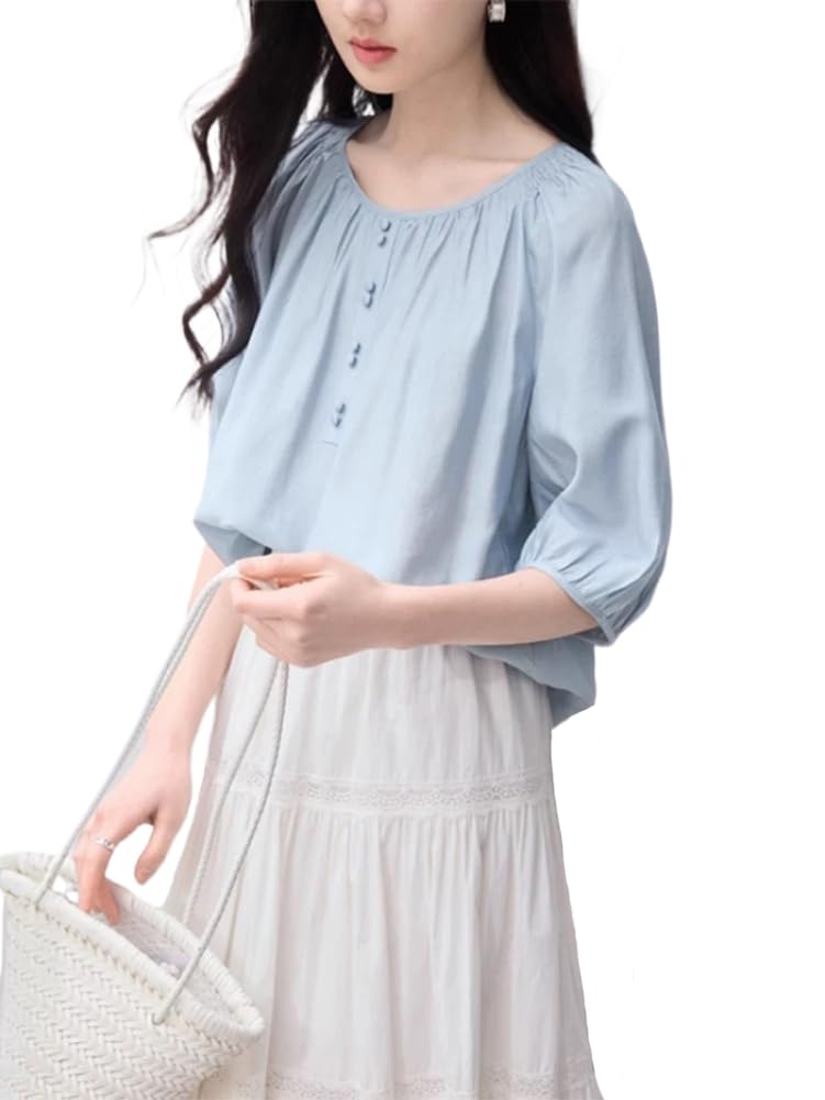 【送料無料】[H．zroy] ブラウス 夏 レディース トップス クルーネック 五分袖 ゆったり 体型カバー 無地 上着 プルオーバー フェミニン 可愛い きれいめ 大人 カジュアル おしゃれ 色：ブルー、サイズ：M