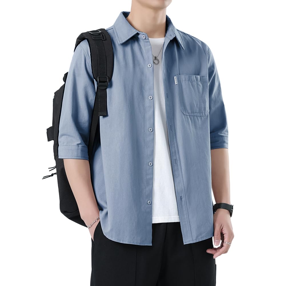 【送料無料】[FUZHIHUA] メンズ シャツ 夏服 半袖 メンズ 五分袖 人気 ワイシャツ 大きい サイズ 無地 ..