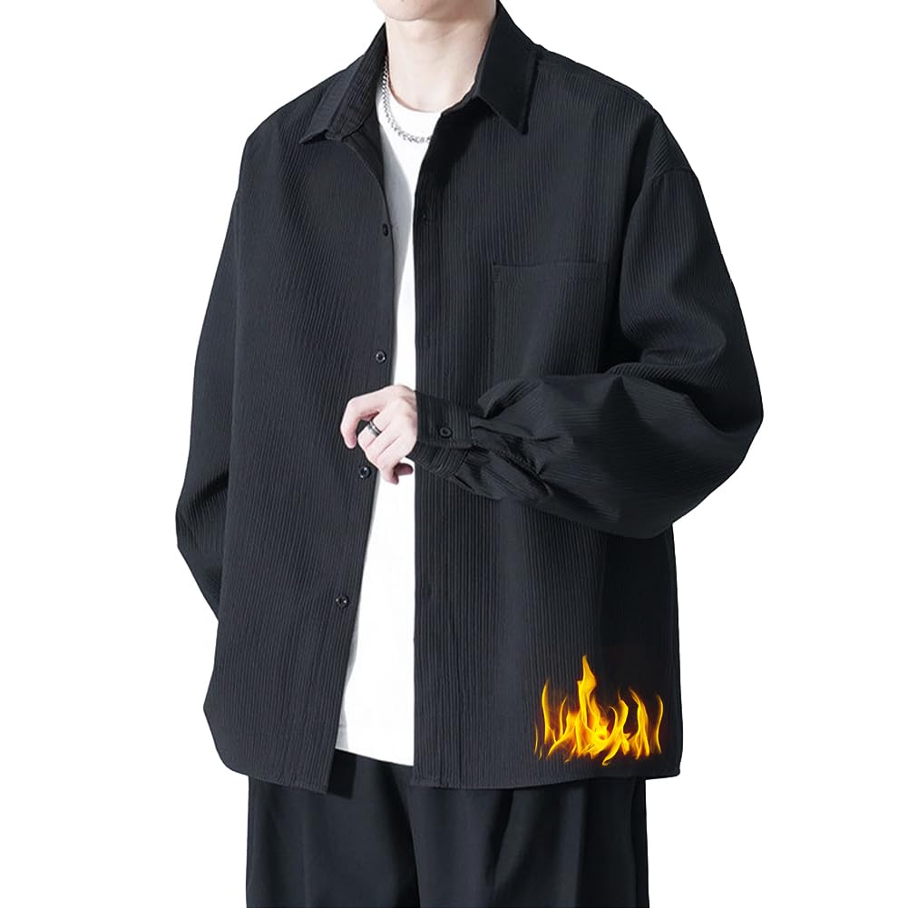 【送料無料】[FUZHIHUA] シャツ メンズ 長袖 春秋服 ワイシャツ ビジネス カジュアル yシャツ ゆったり 大きい サイズ おしゃれ 服 軽い 柔らかい かっこいい トップス 形態安定 無地 シンプル オシャレ 色：#07:ブラック(裏起毛)、サイズ：L