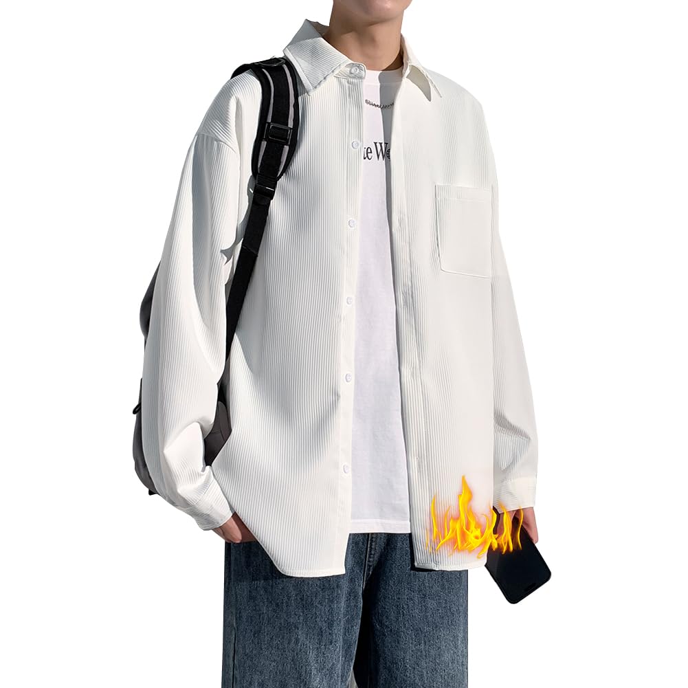 【送料無料】[FUZHIHUA] シャツ メンズ 長袖 春秋服 ワイシャツ ビジネス カジュアル yシャツ ゆったり 大きい サイズ おしゃれ 服 軽い 柔らかい かっこいい トップス 形態安定 無地 シンプル オシャレ 色：#08:ホワイト(裏起毛)、サイズ：2XL