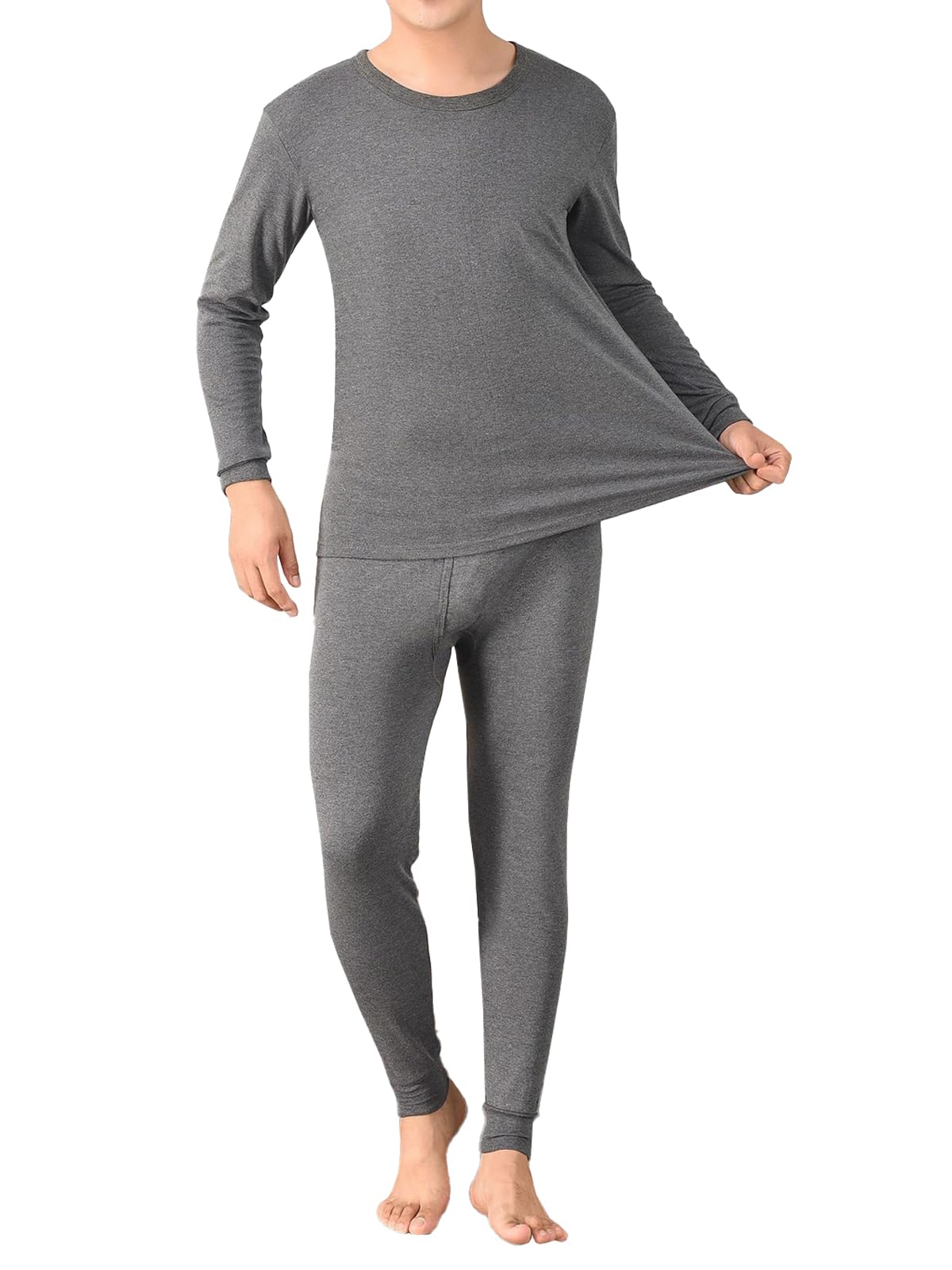 【送料無料】[Guooolex] 防寒インナー 上下セット メンズ 純綿 あったかインナー セットアップ ヒートテック 上下 長袖 クルーネック/ハイネック アンダーシャツ + ロング アンダータイツ インナ 色：ダークーグレー（2サイズ上を選択して下さい：L=日本S）、サイズ：XL