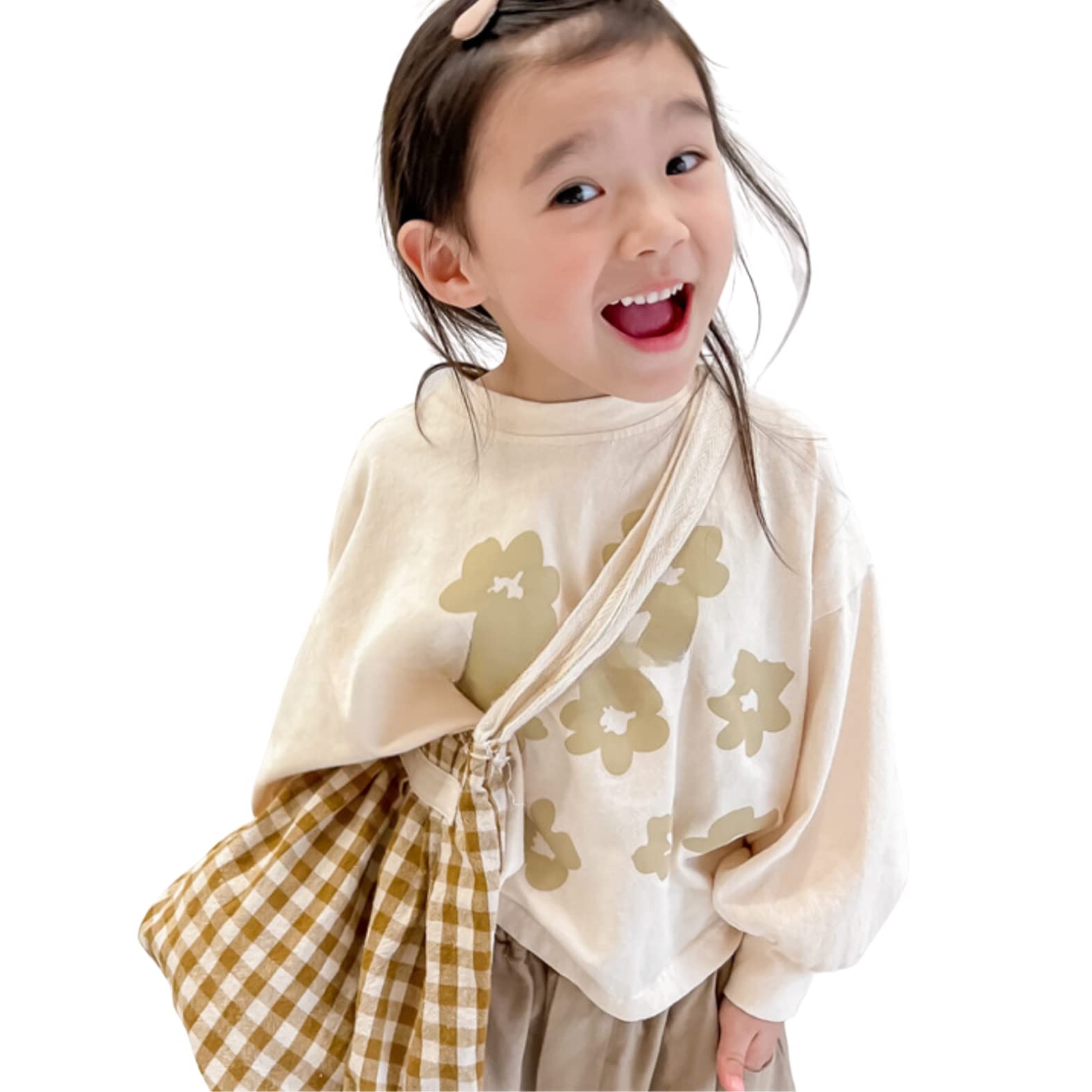 【送料無料】[EnDast] ゆったり 花柄イラスト 長袖Tシャツ ワイド カジュアル キッズ服 ベビー服 女の子 ガールズ 韓国子供服 80cm 90cm 100cm 110cm 120cm 130cm 色：ベージュ、サイズ：110