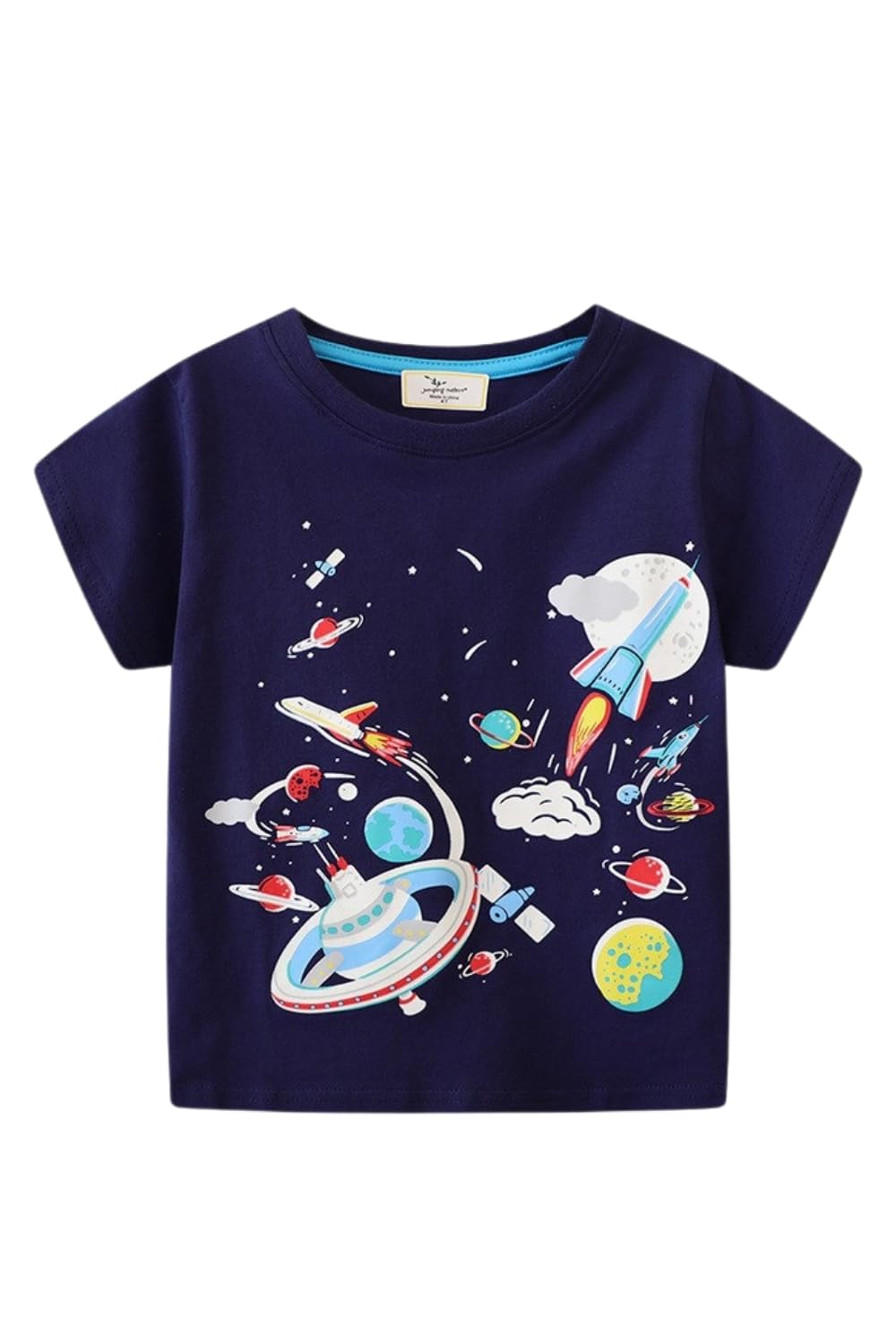 【送料無料】[EnDast] 半袖Tシャツ 発色加工 蛍光加工 カジュアル 恐竜柄 宇宙柄 プリントT キッズ服 男の子 韓国子供服 80cm 90cm 100cm 110cm 120cm 130cm 色：D、サイズ：110
