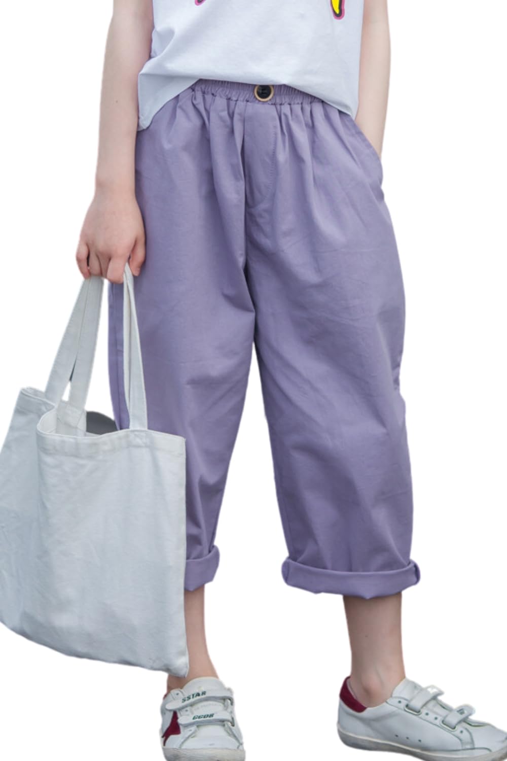 【送料無料】[EnDast] カジュアル ワイド ゆったり パンツ 女の子 ガールズ キッズ ジュニア 七分丈 7分丈 九分丈 9分丈 110cm 120cm 130cm 140cm 150cm 160cm 色：パープル、サイズ：110