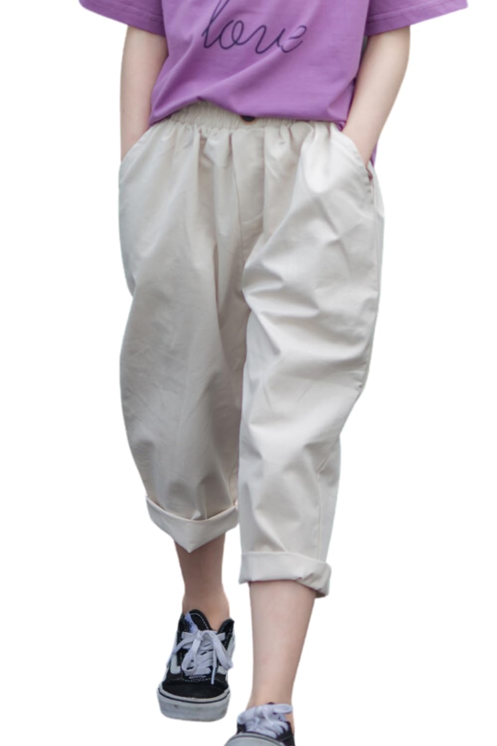 【送料無料】[EnDast] カジュアル ワイド ゆったり パンツ 女の子 ガールズ キッズ ジュニア 七分丈 7分丈 九分丈 9分丈 110cm 120cm 130cm 140cm 150cm 160cm 色：オフホワイト、サイズ：130