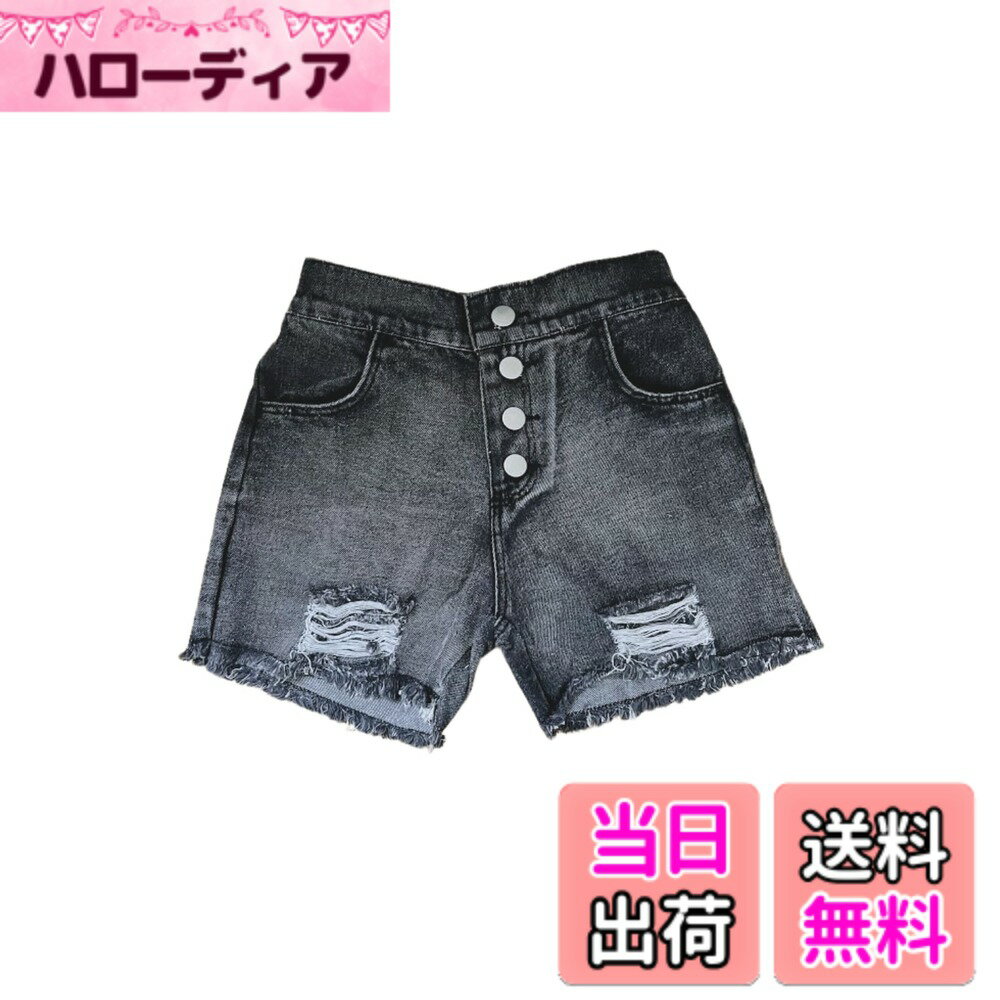 【送料無料】[EnDast] デニム ショートパンツ クラッシュ加工 ダメージ ウエストゴム おしゃれ 女の子 ガールズ 春夏 デザイン 韓国子供服 100cm 110cm 120cm 130cm 140cm 150cm 160cm 色：ブラック、サイズ：160