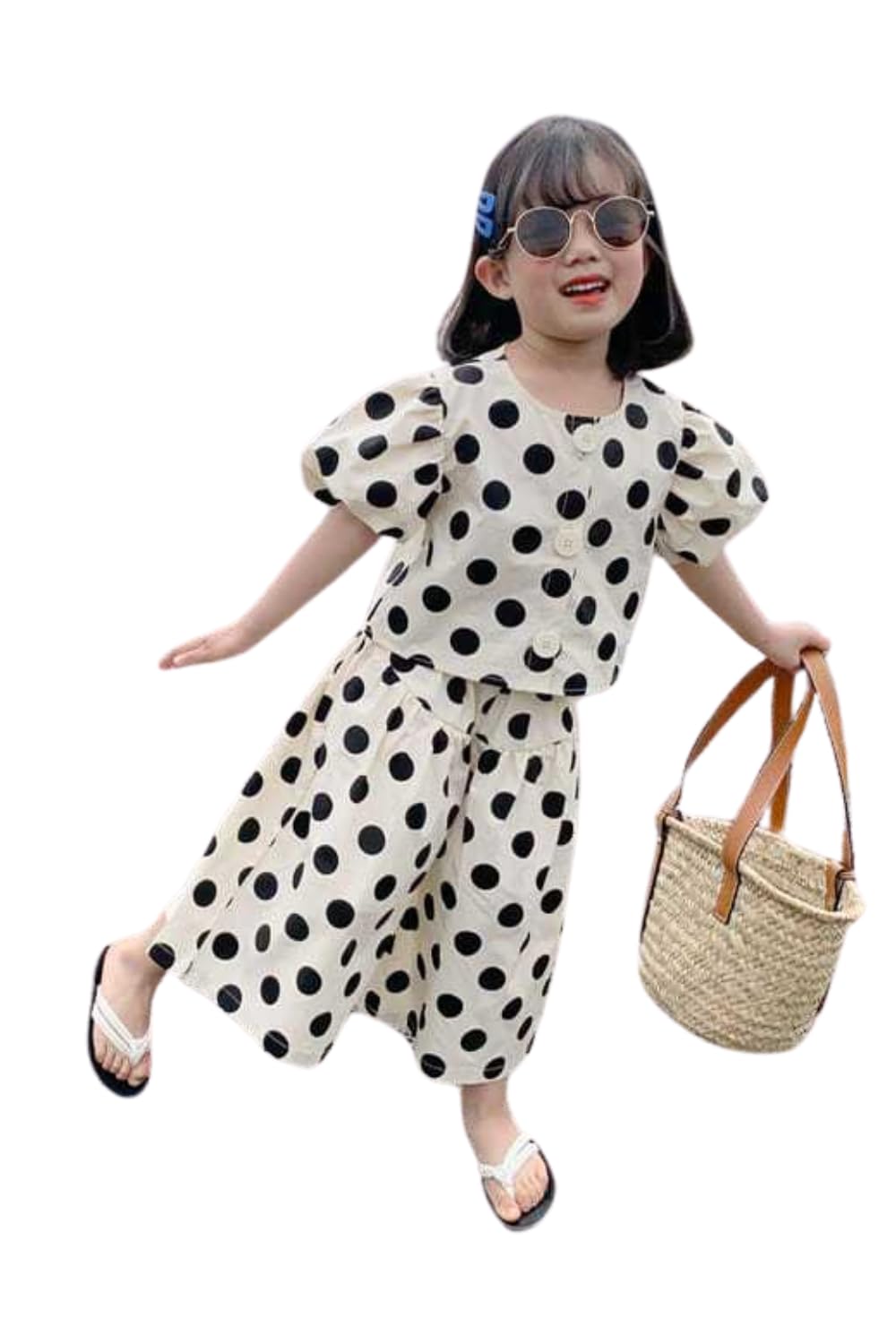 【送料無料】[EnDast] 水玉 ドット 上下2点セット 半袖 ワイドパンツ ルームウェア 女の子 ガールズ カジュアル セットアップ 春夏 韓国子供服 90cm 100cm 110cm 120cm 130cm 140cm 色：ホワイト、サイズ：100