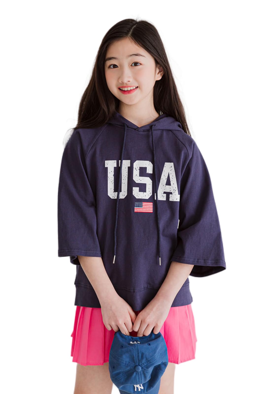 【送料無料】[EnDast] MINIROI ガールズ Tシャツ フード付き 7分袖 かわいい オシャレ 春夏秋冬 ダンス カジュアル ルームウェア 薄手 韓国子供服 110cm 120cm 130cm 140cm 150cm 色：ネイビー、サイズ：140