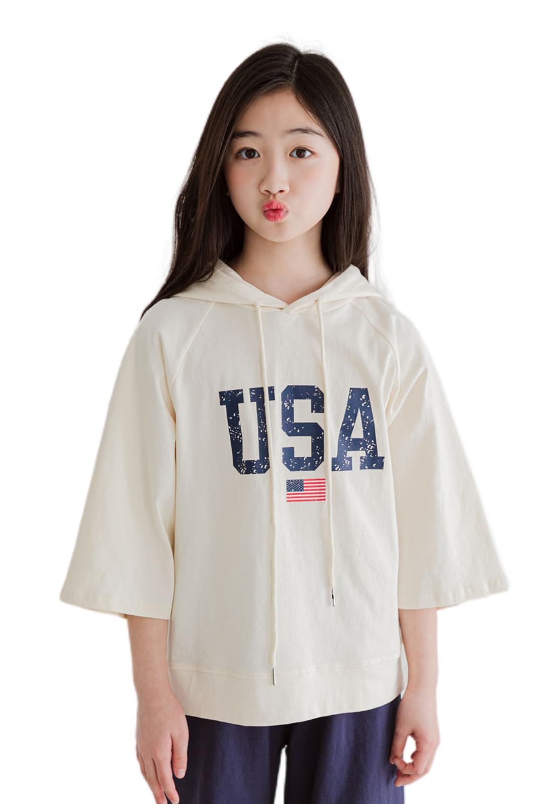 【送料無料】[EnDast] MINIROI ガールズ Tシャツ フード付き 7分袖 かわいい オシャレ 春夏秋冬 ダンス カジュアル ルームウェア 薄手 韓国子供服 110cm 120cm 130cm 140cm 150cm 色：オフホワイト、サイズ：120