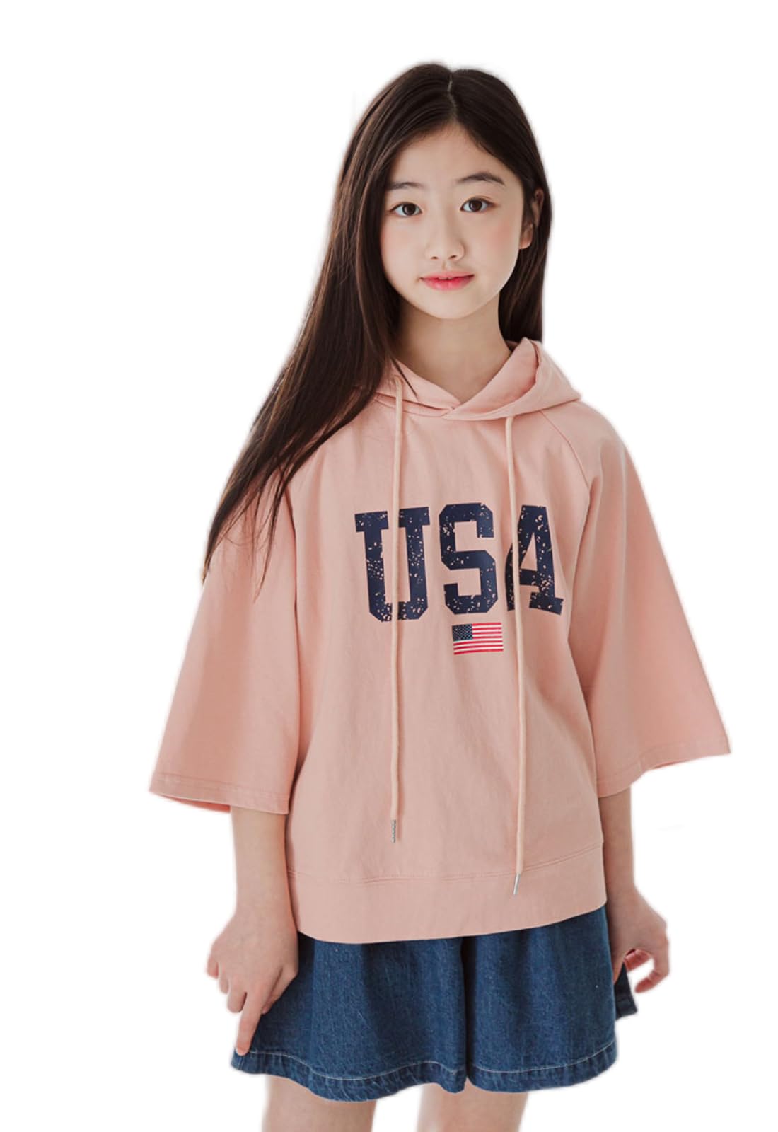 【送料無料】[EnDast] MINIROI ガールズ Tシャツ フード付き 7分袖 かわいい オシャレ 春夏秋冬 ダンス カジュアル ルームウェア 薄手 韓国子供服 110cm 120cm 130cm 140cm 150cm 色：ピンク、サイズ：150