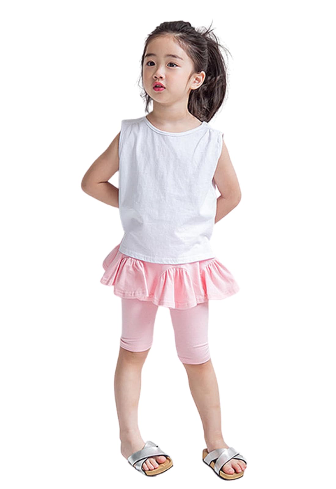 【送料無料】[EnDast] MINIROI ガールズ フリル付き スパッツ タイツ 五分丈 七分丈 パンツ ボトムス ウエストゴム 春夏 快適 カジュアル ストレッチ やわらかい すっきり フィット 韓国子供服 120cm 130cm 140cm 色：ピンク、サイズ：140