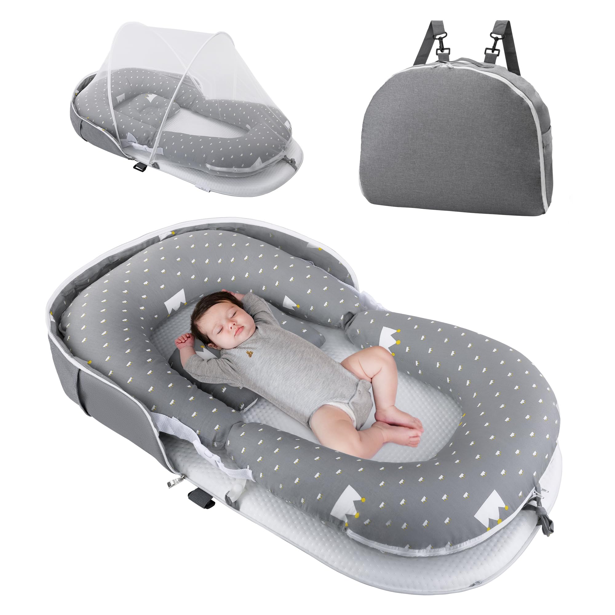 【送料無料】ベッドインベッド-ATOPEN ベビーベッド 折りたたみ 色：王冠グレー