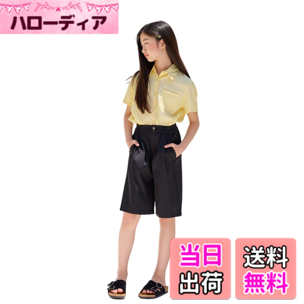 【送料無料】[EnDast] MINIROI ひざ丈パンツ 女の子 春夏 ブラック ウエストゴム ハイウエスト風 動きやすい おしゃれ かわいい 通学 通園 韓国子供服 110cm 120cm 130cm 140cm 150cm 色：ブラック、サイズ：150