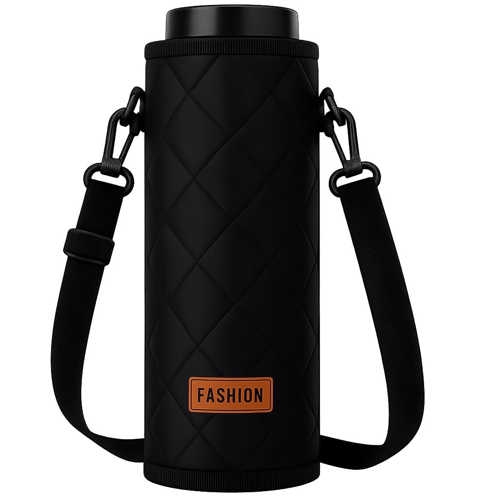 【送料無料】STEEL-LAND 水筒カバー 直径9cm対応 ボトルケース 保冷・保温 アルミ箔ライナー ジッパー付き 調節可能ショルダーストラップ フック付き 自立型 防滑底 サイクリング/通勤/アウトドア用 [並行輸入品] 色：黒、サイズ：1000ML