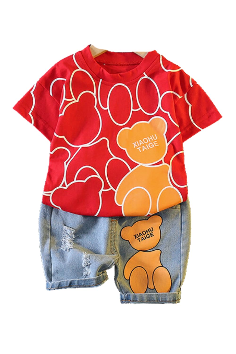 【送料無料】[EnDast] 2点セット くまさん柄 半袖 Tシャツ 短パン 半ズボン セットアップ 上下セット 韓国子供服 男の子 キッズ ベビー服 春夏 80cm 90cm 100cm 110cm 120cm 色：レッド、サイズ：100