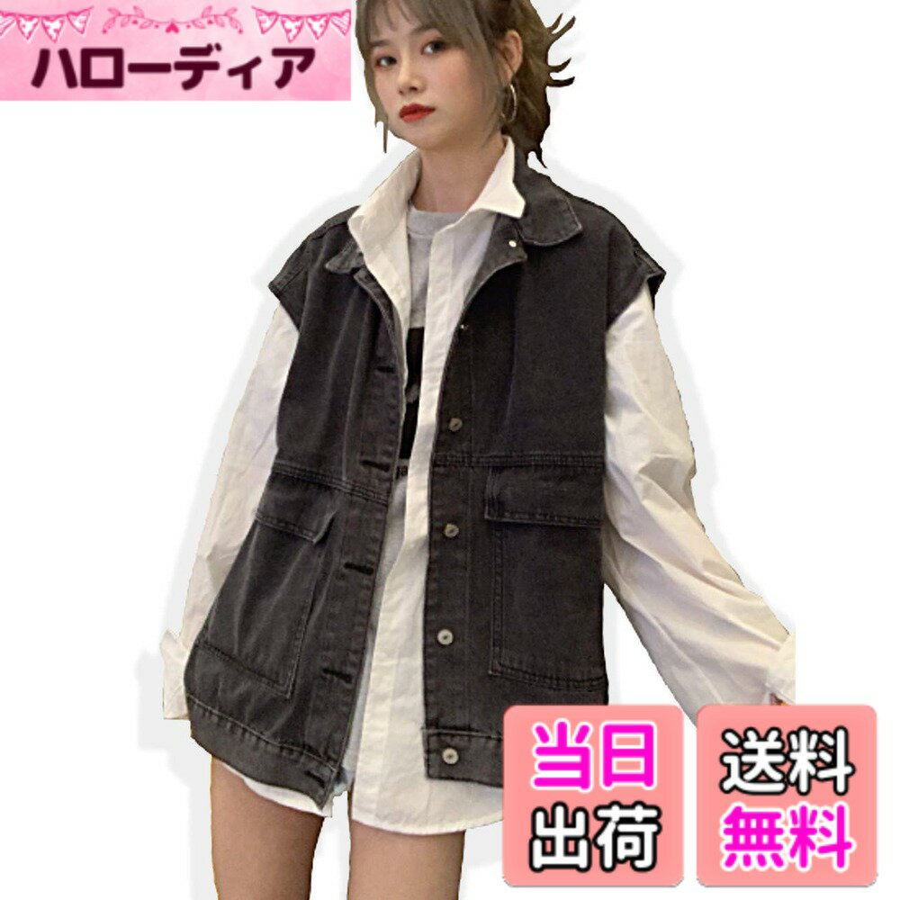 【送料無料】[SpringSwalloow] [スプリングスワロー] レディース デニム ノースリーブ ジージャン オーバーサイズ ジャケット ルーズ Gジャン ベスト アウター 色：ブラック、サイズ：L