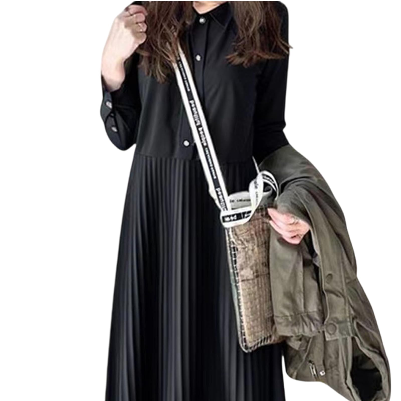 【送料無料】[Grcemlvfe] シャツワンピース レディース 短い袖 ロングワンピース プリーツ Aライン 襟付き 体型カバー 可愛い 夏 カジュアル ゆったり 大人 可愛い レイヤード用 切り替え 長袖 無地 体型カバー 着痩せ ゆったり カジュアル 色：ブラック、サイズ：L