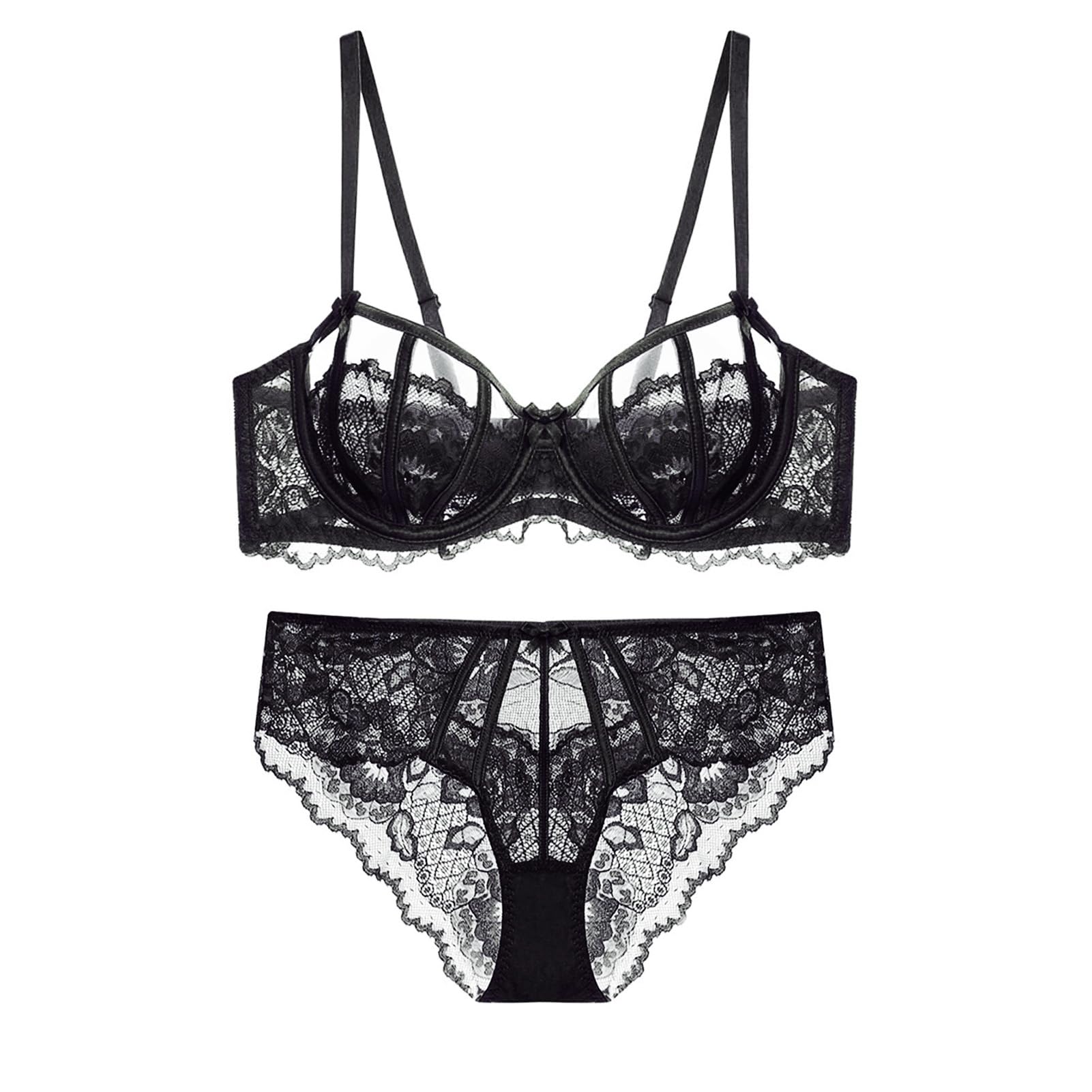 【送料無料】[Guoeappa] レディース レース 半カップ ブラ ショーツ セット セクシーランジェリー 上下 女性 シースルー 下着 セット 色：ブラック、サイズ：C70