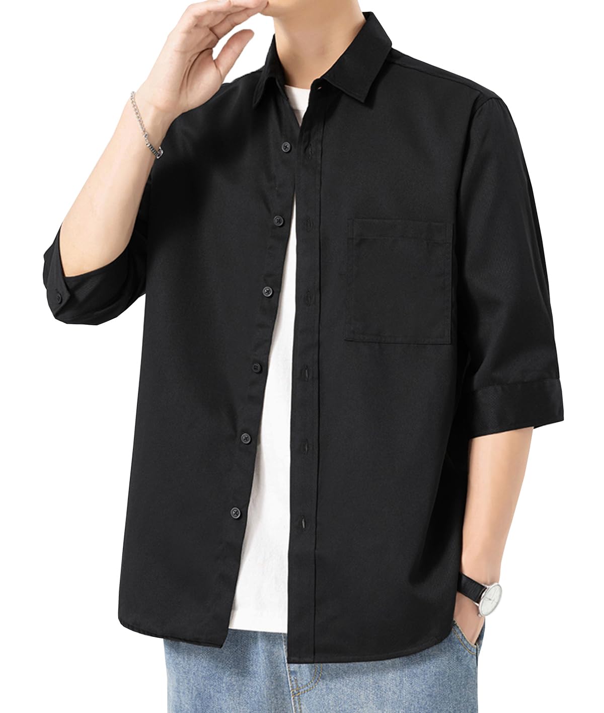 【送料無料】[EASTEMPO] シャツ メンズ 半袖 七分袖 夏 ビジネス カジュアル おしゃれ ゆったり 薄手 無地 大きいサイズ 色：ブラック、サイズ：3XL