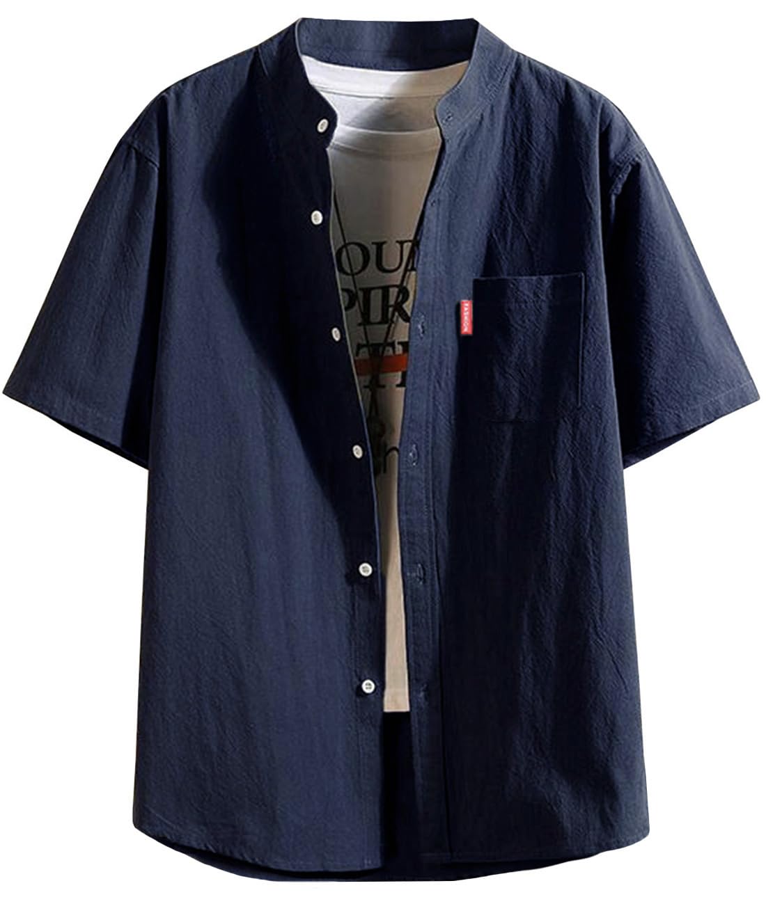 【送料無料】[EASTEMPO] シャツ メンズ 半袖 夏 綿麻 カジュアル ビジネス 無地 おしゃれ ゆったり 薄手 大きいサイズ 色：ネイビー、サイズ：L