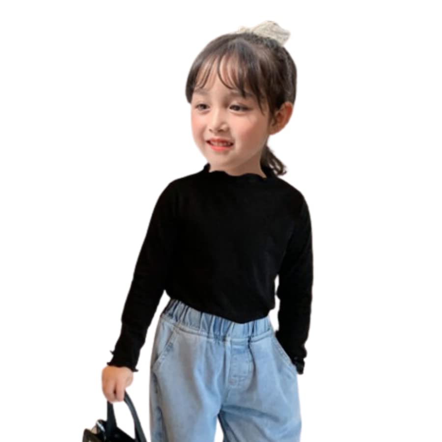 【送料無料】[EnDast] 長袖カットソー 長袖Tシャツ フリルネック リボン 薄手 ニット素材 カジュアル 韓国子供服 女の子 ガールズ キッズ ジュニア 80cn 90cm 100cm 110cm 120cm 130cm 140cm 色：ブラック、サイズ：100