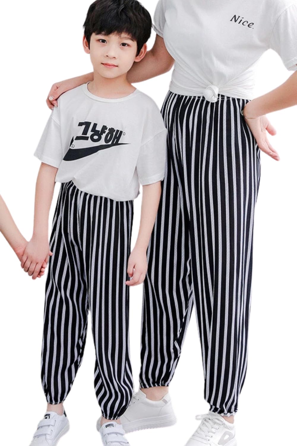 【送料無料】[EnDast] キッズ服 韓国子供服 長ズボン ロングパンツ 薄い 薄手 虫よけパンツ 涼しい 速乾 軽量 親子コーデ リンクコーデ おしゃれ ボトムス 美脚ストレッチ おでかけ 男の子 女の子 大人 ママ レディース 春 夏 色：G.ストライプ、サイズ：100
