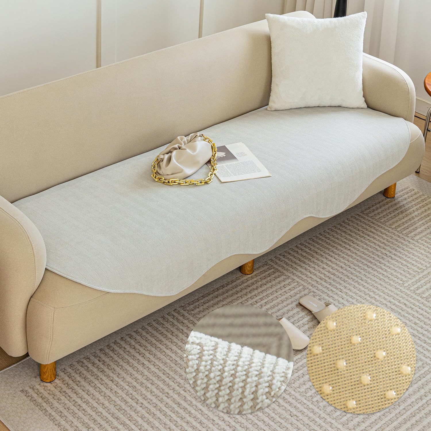 【送料無料】ソファーカバー マルチカバー ソファパッド 肘なし 肘あり兼用 1人掛け 2人掛け 3人掛け 4人掛け掛けるだけ 滑り止め 耐磨性 洗える かわいい 高級 取付簡単 通気性 傷防止 爪とぎ防止 抗菌防臭 吸汗速乾 四季兼用 ペット用 色：アイボリー、サイズ：90*90