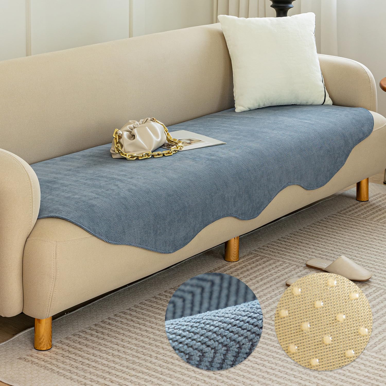 【送料無料】ソファーカバー マルチカバー ソファパッド 肘なし 肘あり兼用 1人掛け 2人掛け 3人掛け 4人掛け掛けるだけ 滑り止め 耐磨性 洗える かわいい 高級 取付簡単 通気性 傷防止 爪とぎ防止 抗菌防臭 吸汗速乾 四季兼用 ペット用 色：ブルグレー、サイズ：90*160