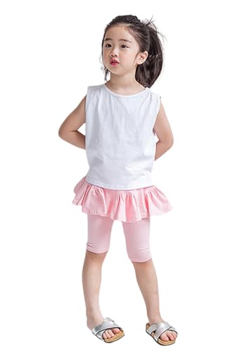 【送料無料】[EnDast] MINIROI ガールズ フリル付き スパッツ タイツ 五分丈 七分丈 パンツ ボトムス ウエストゴム 春夏 快適 カジュアル ストレッチ やわらかい すっきり フィット 韓国子供服 120cm 130cm 140cm 色：ピンク、サイズ：120