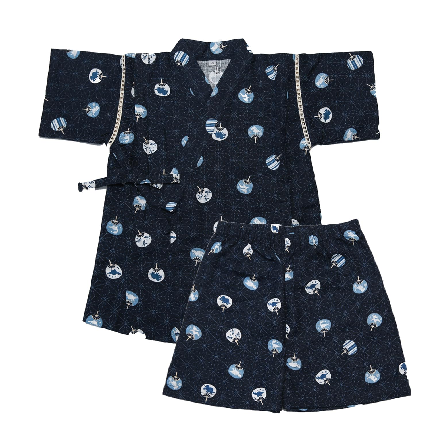 【送料無料】[Dizoon] 子供 甚平 キッズ 男の子 女の子 上下セット パジャマ 綿100％ 子供服 浴衣 着物 和服 ボーイズ ガールズ お祭り 夏祭り 花火大会 夕涼み 七五三 日本製生地 90 100 110 120 130 140 150 色：扇子 恐竜、サイズ：110