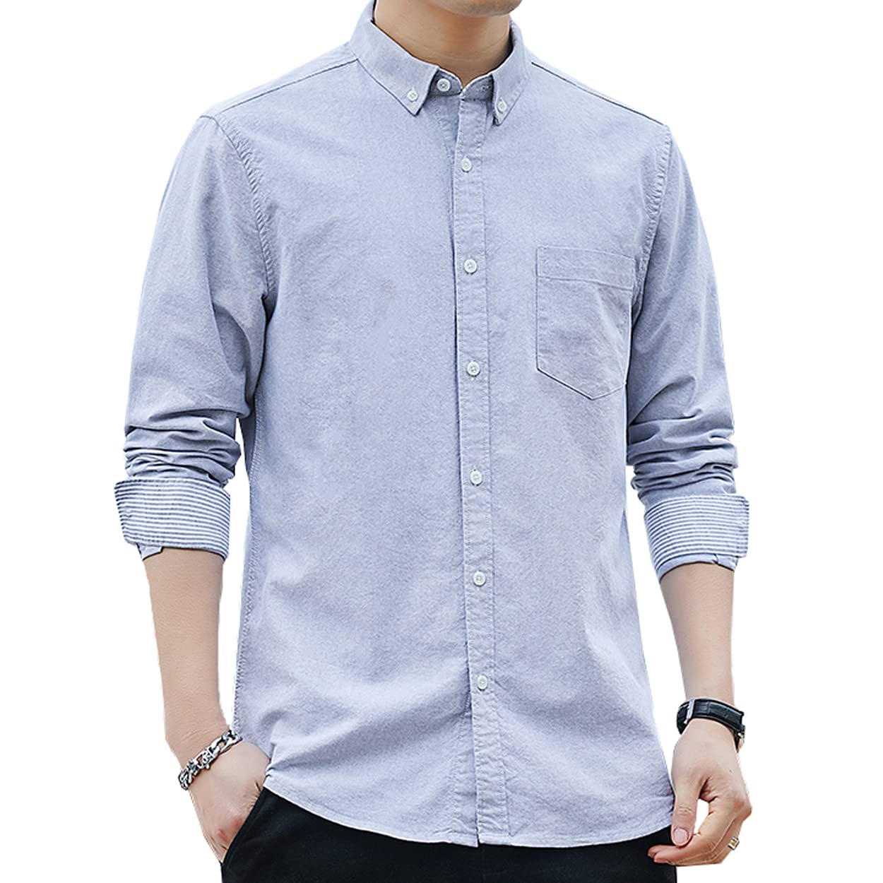 【送料無料】[DIKAO] シャツ メンズ 長袖 半袖 オックスフォードシャツ カジュアル ベーシック カラー 無地 コットン 大きいサイズ 春 夏 秋 冬 メンズ シャツ 色：グレー、サイズ：XL