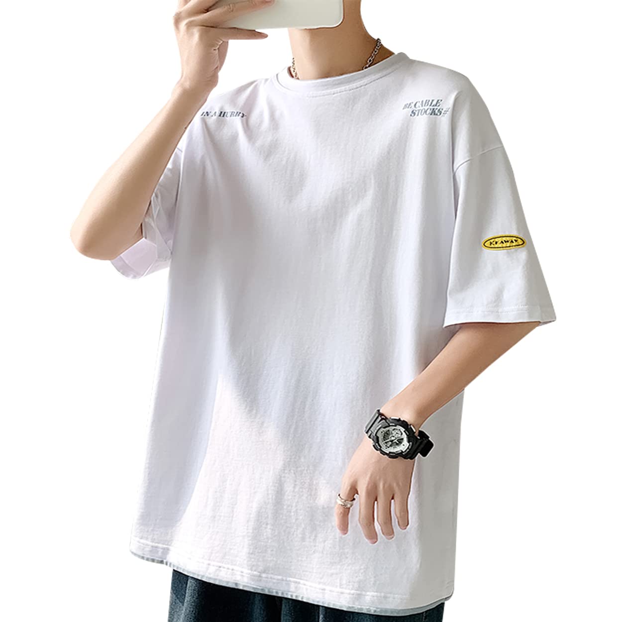 【送料無料】[DIKAO] tシャツ メンズ 半袖 夏服 速乾 五分袖 大きいサイズ ゆったり シルエット 重ね着風 カジュアル ビッグ Tシャツ メンズ tシャツ 色：ホワイト、サイズ：2XL