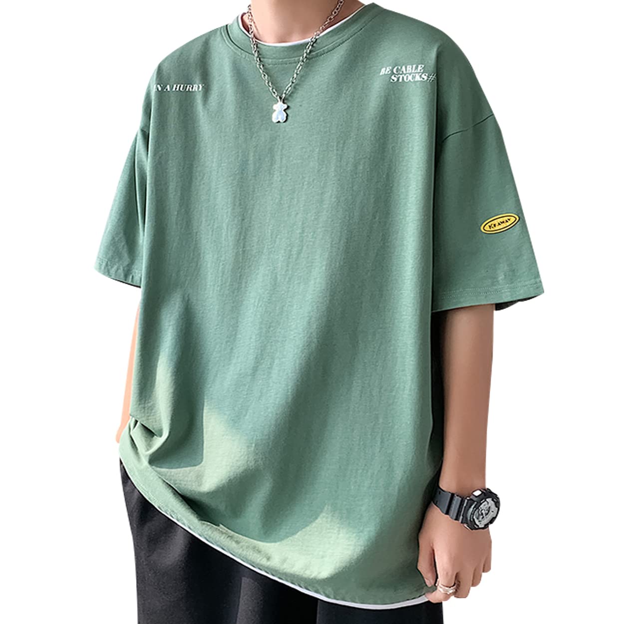 【送料無料】[DIKAO] tシャツ メンズ 半袖 夏服 速乾 五分袖 大きいサイズ ゆったり シルエット 重ね着風 カジュアル ビッグ Tシャツ メンズ tシャツ 色：グリーン、サイズ：XL