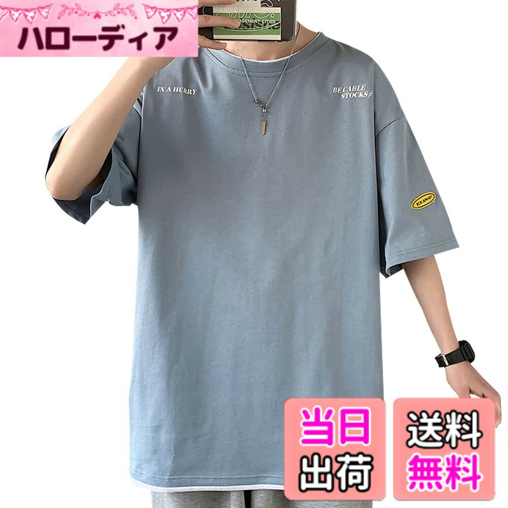 【送料無料】[DIKAO] tシャツ メンズ 半袖 夏服 速乾 五分袖 大きいサイズ ゆったり シルエット 重ね着風 カジュアル ビッグ Tシャツ メンズ tシャツ 色：ブルー、サイズ：M