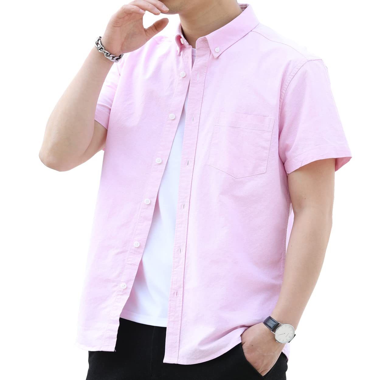 【送料無料】[DIKAO] シャツ メンズ 長袖 半袖 オックスフォードシャツ カジュアル ベーシック カラー 無地 コットン 大きいサイズ 春 夏 秋 冬 メンズ シャツ 色：ピンク（半袖）、サイズ：L