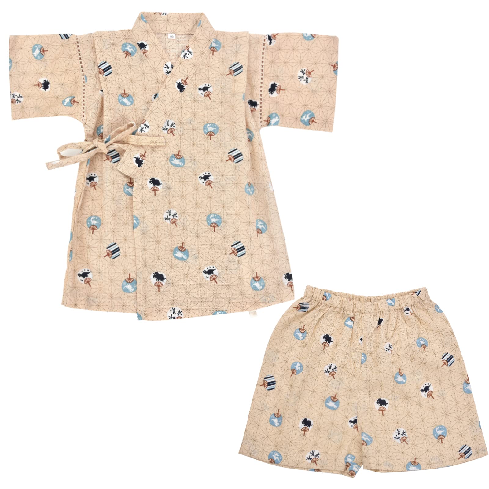 【送料無料】[Dizoon] 子供 甚平 キッズ 男の子 女の子 上下セット パジャマ 綿100％ 子供服 浴衣 着物 和服 ボーイズ ガールズ お祭り 夏祭り 花火大会 夕涼み 七五三 日本製生地 90 100 110 120 130 140 150 色：ベージュ 扇子、サイズ：110