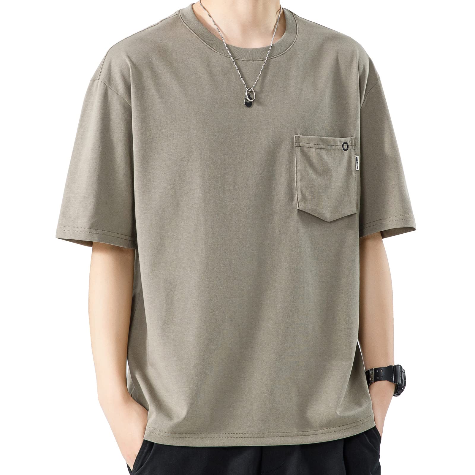 【送料無料】[DIKAO] ポケット付き Tシャツ ポケT 夏服 半袖tシャツ メンズ クルーネック 無地 シンプル スポーツ 吸汗 速乾 ゆったり カジュアル シルエット おしゃれ 色：グレー、サイズ：2XL