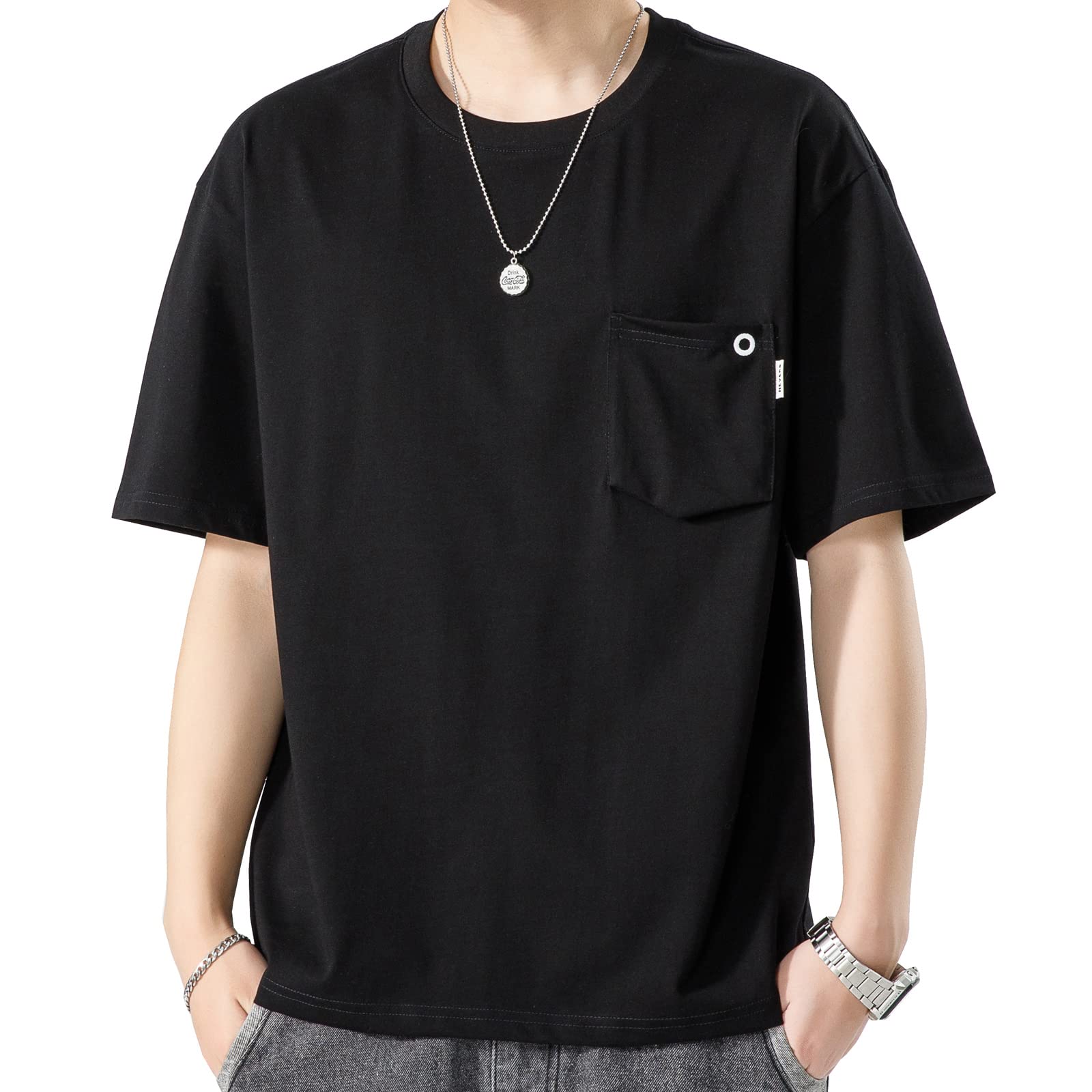 【送料無料】[DIKAO] ポケット付き Tシャツ ポケT 夏服 半袖tシャツ メンズ クルーネック 無地 シンプル スポーツ 吸汗 速乾 ゆったり カジュアル シルエット おしゃれ 色：ブラック、サイズ：M