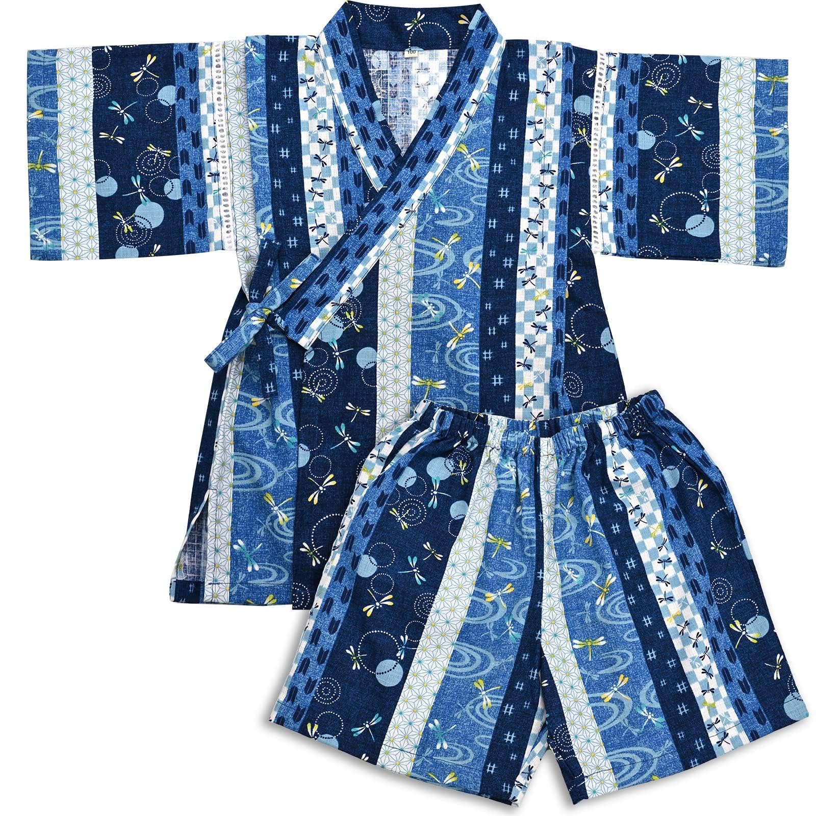 【送料無料】[Dizoon] 子供 甚平 キッズ 男の子 女の子 上下セット パジャマ 綿100％ 子供服 浴衣 着物 和服 ボーイズ ガールズ お祭り 夏祭り 花火大会 夕涼み 七五三 日本製生地 90 100 110 120 130 140 150 色：ブルー トンボ、サイズ：100