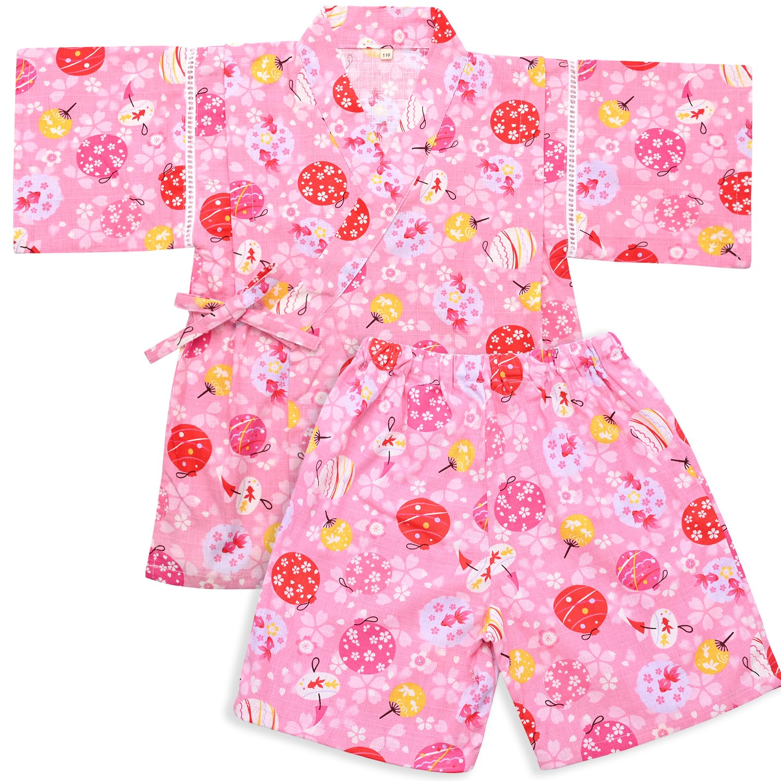 【送料無料】[Dizoon] 子供 甚平 キッズ 男の子 女の子 上下セット パジャマ 綿100％ 子供服 浴衣 着物 和服 ボーイズ ガールズ お祭り 夏祭り 花火大会 夕涼み 七五三 日本製生地 90 100 110 120 130 140 150 色：金魚 扇子、サイズ：120