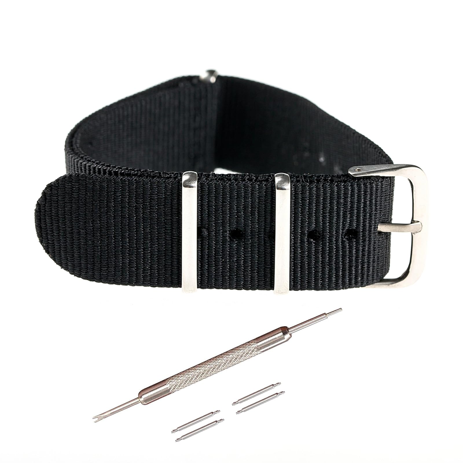 【送料無料】[Jumpsunfun] NATOベルト 16mm 18mm 20mm 22mm 時計ベルト ナイロン ミリタリー時計バンド 腕時計替えベル（交換説明書 交換工具 バネ棒付） 色：ブラック/シルバーバックル、サイズ：20mm