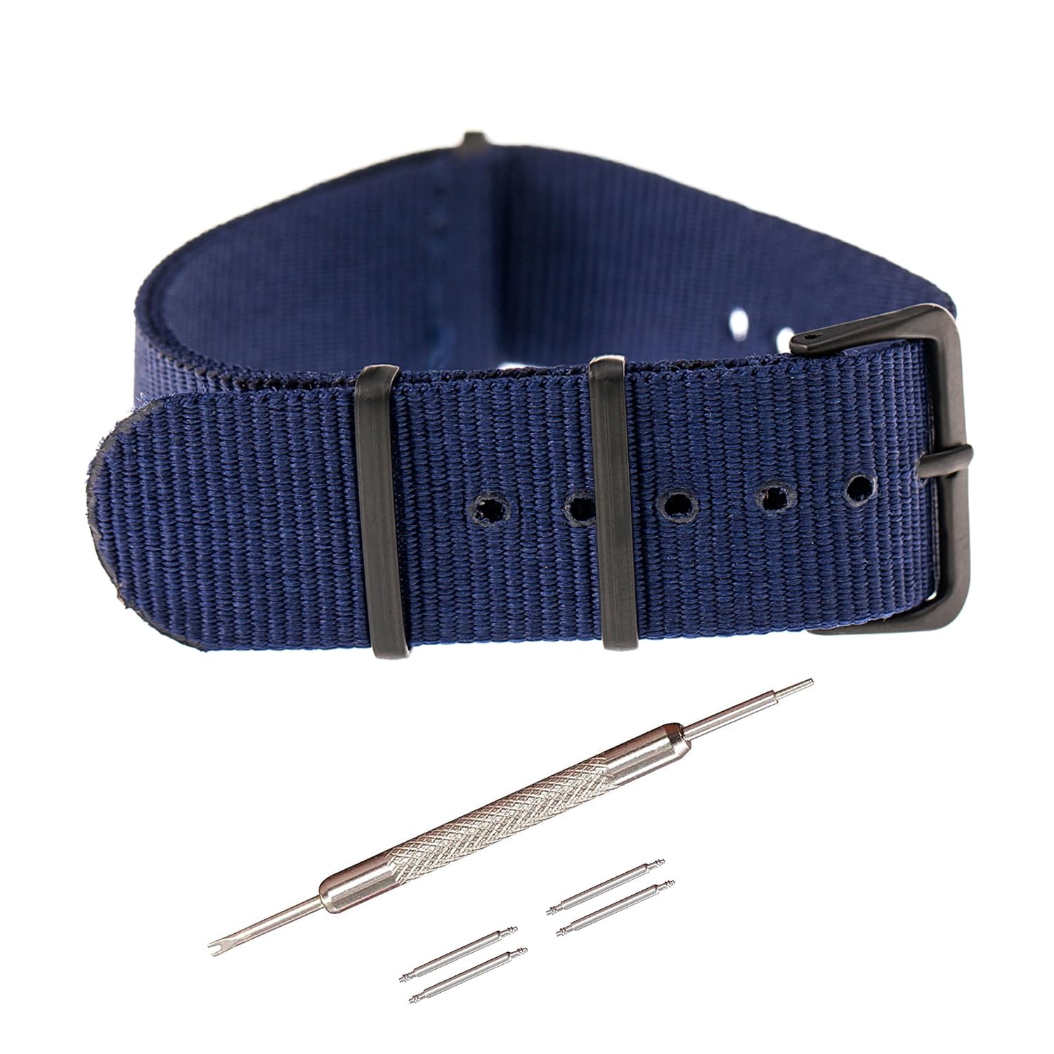 【送料無料】[Jumpsunfun] NATOベルト 16mm 18mm 20mm 22mm 時計ベルト ナイロン ミリタリー時計バンド 腕時計替えベル（交換説明書 交換工具 バネ棒付） 色：ネイビー/ブラックバックル、サイズ：18mm