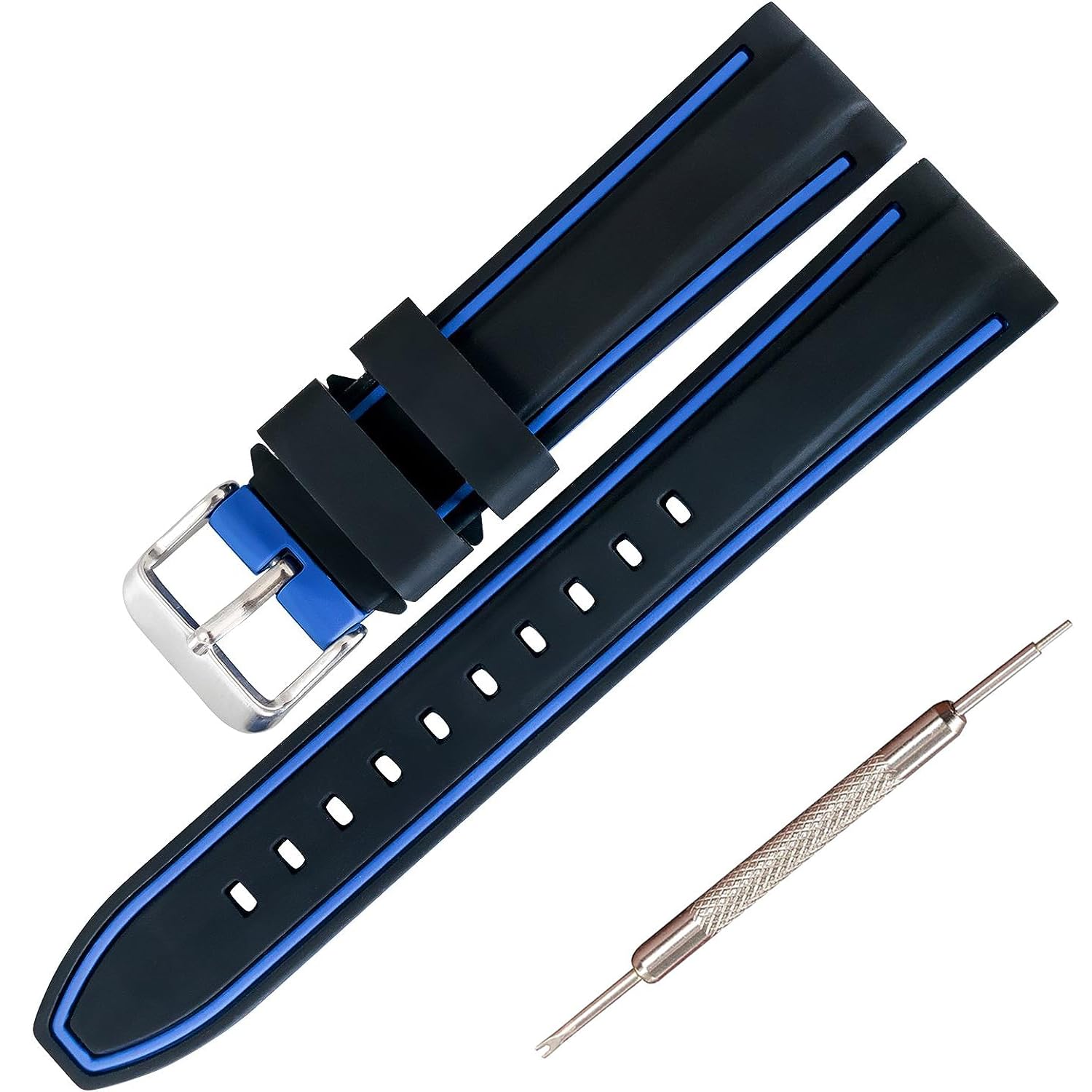 【送料無料】[Jumpsunfun] 時計ベルト シリコン 20mm 22mm 24mm 26mm ラバー腕時計バンド Quick Release スポーティー ゴム替えベルト 交換ツールと説明書付き 色：ブラック/ブルー、サイズ：20mm