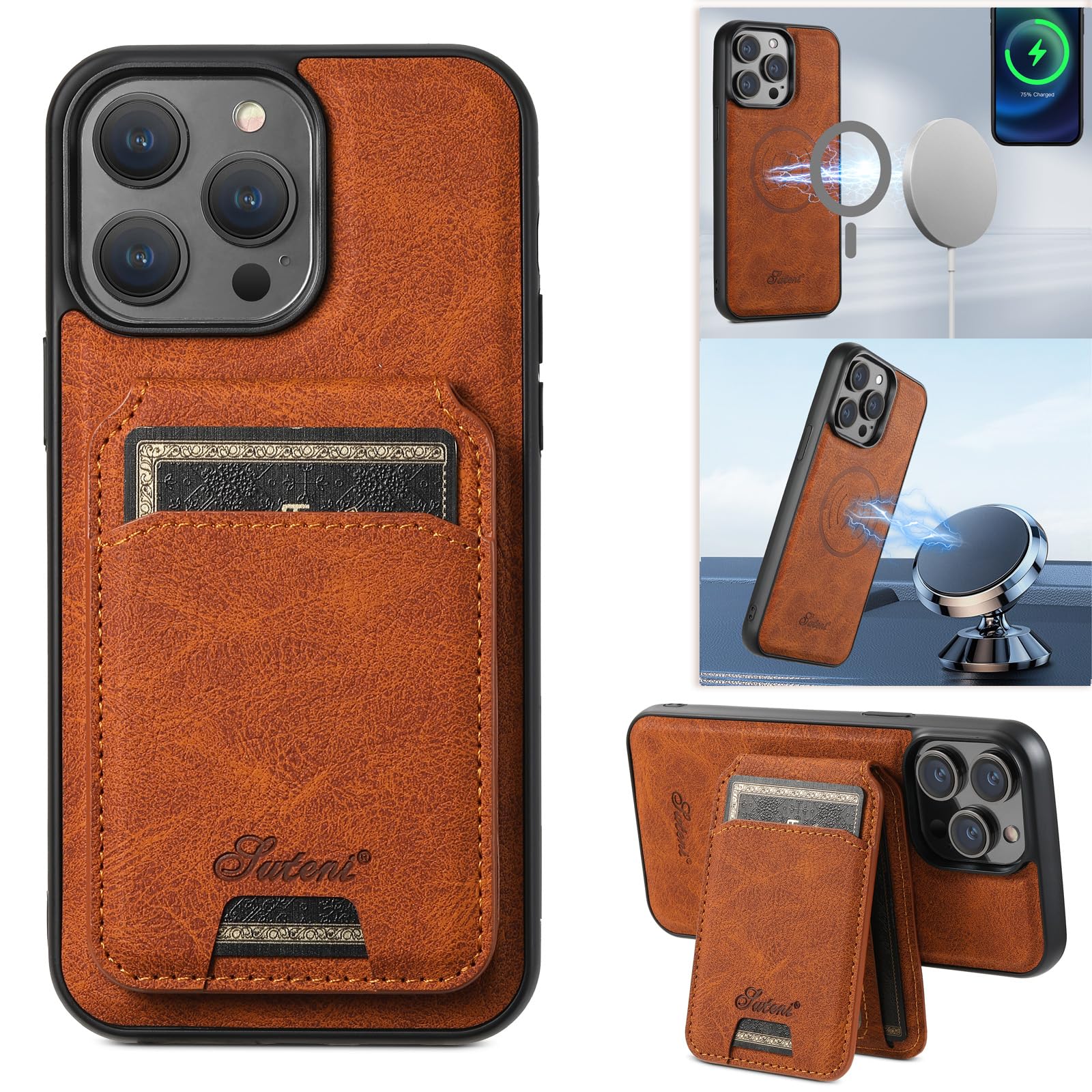 【送料無料】JCGOOD iPhone ケース MagSafe対応 いphone ケース 背面カード入れ マグセーフ ワイヤレス充電対応 カード収納 アイフォン カバー スタンド機能 財布型 革 レザー スマホケース 耐衝撃保護 携帯ケース アイホン 用 433H1 色：カーキ、サイズ：iPhone14Pro用